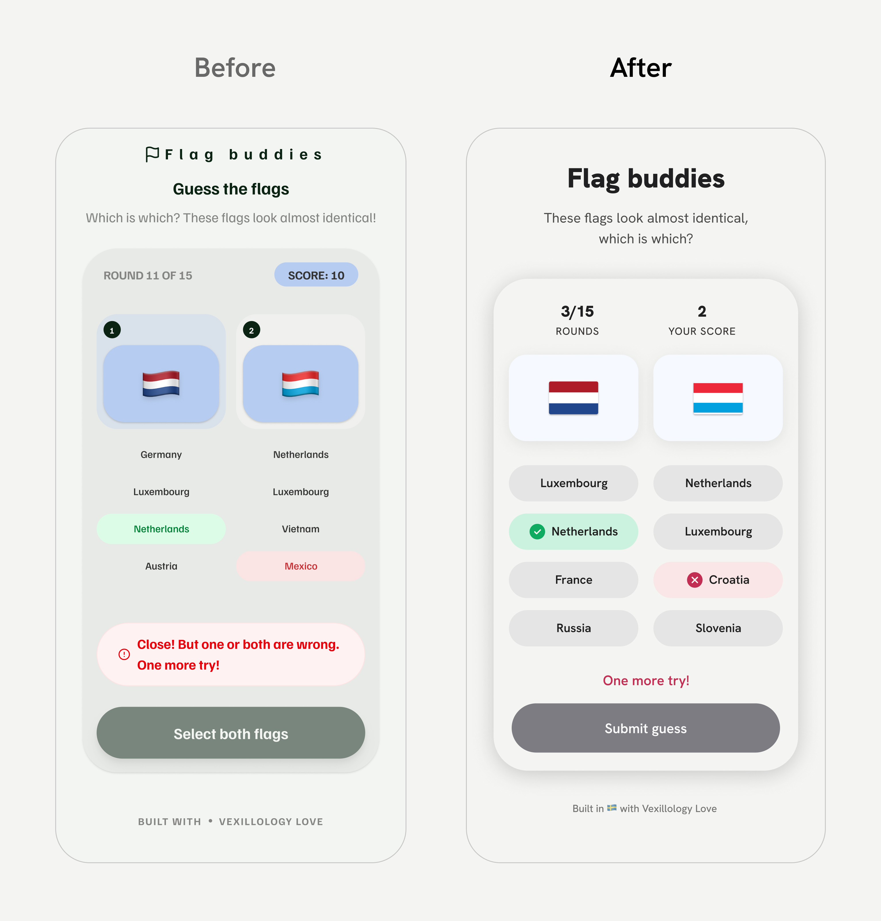 Före och efter bild på första design utkastet skapad av Figma Make och slutgiltiga utkastet skapat av UX-designer