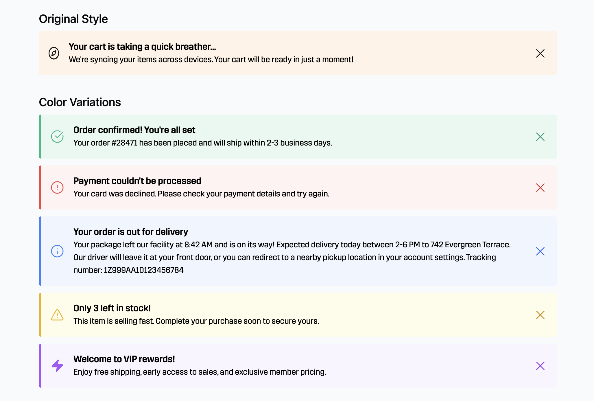 Olika stil och färgvarianter på notifikationsbanners