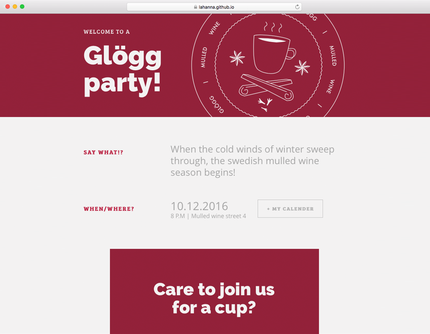 Ett glöggparty formulär i desktop vy